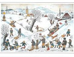 Josef Lada -  kerstkaart - Kinderen spelen in de winter (1936)