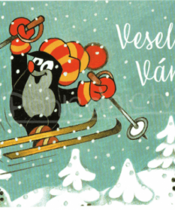 Krtek -  kerstkaart - Krtek aan het skispringen (afgeronde hoeken)